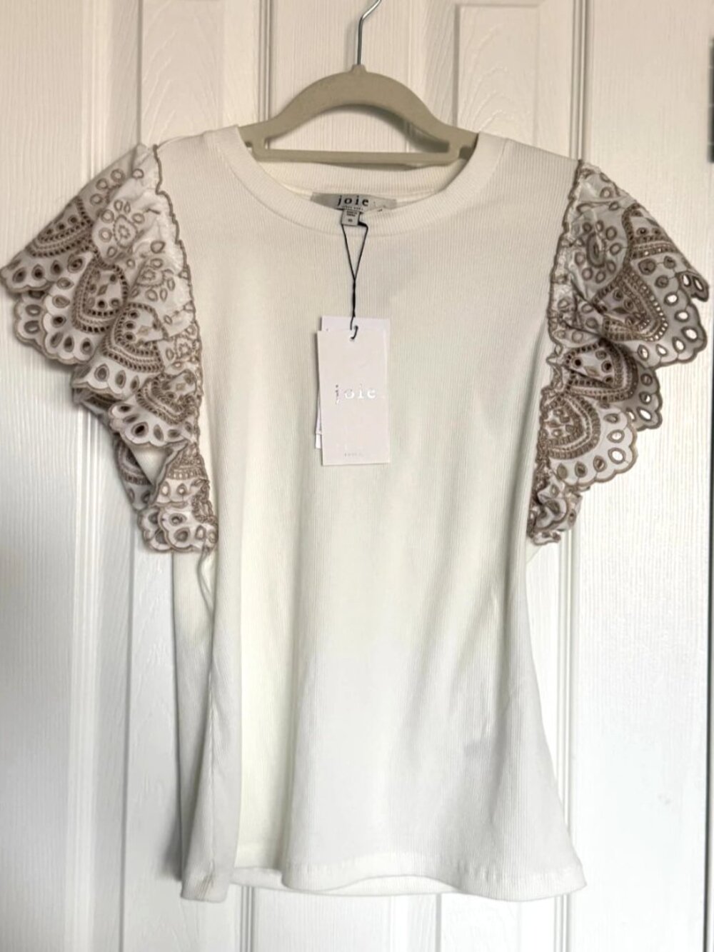 Joie Ivory White Ribbed Knit Eyelet Flutter Sleeve Top Size XS NWT